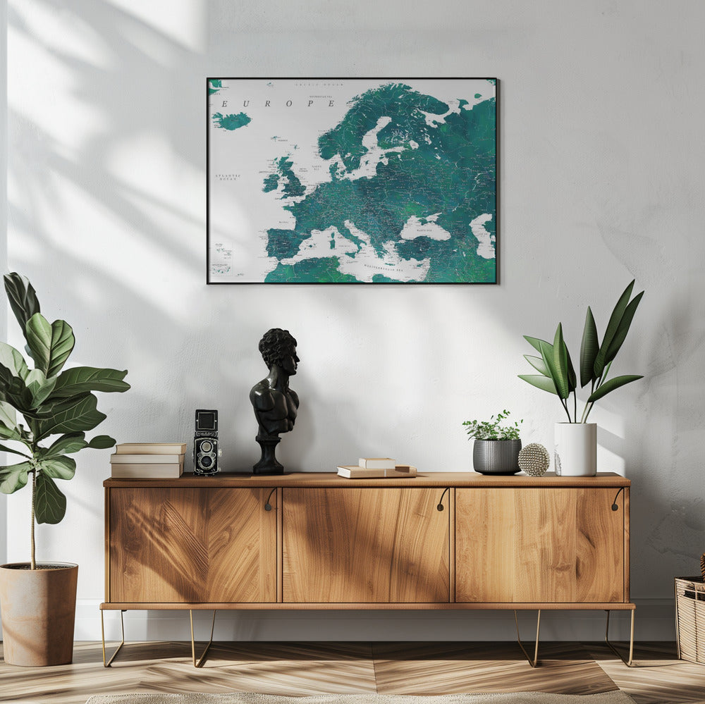 Blauwe gedetailleerde kaart van Europa | Poster