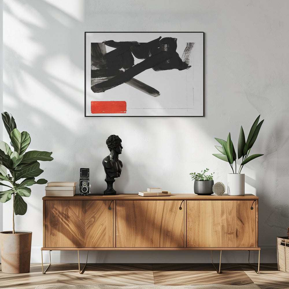Zen penseelwerk met rood blok 1 | Poster