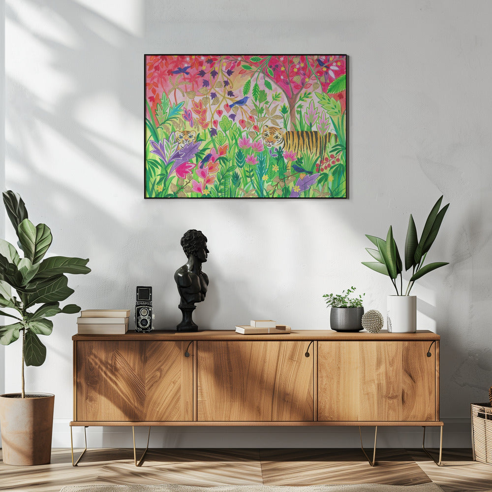 Jungle schilderij met weelderig gebladerte en exotische dieren | Poster