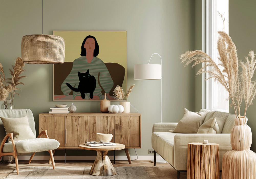 Dame zittend met zwarte kat. | Canvas