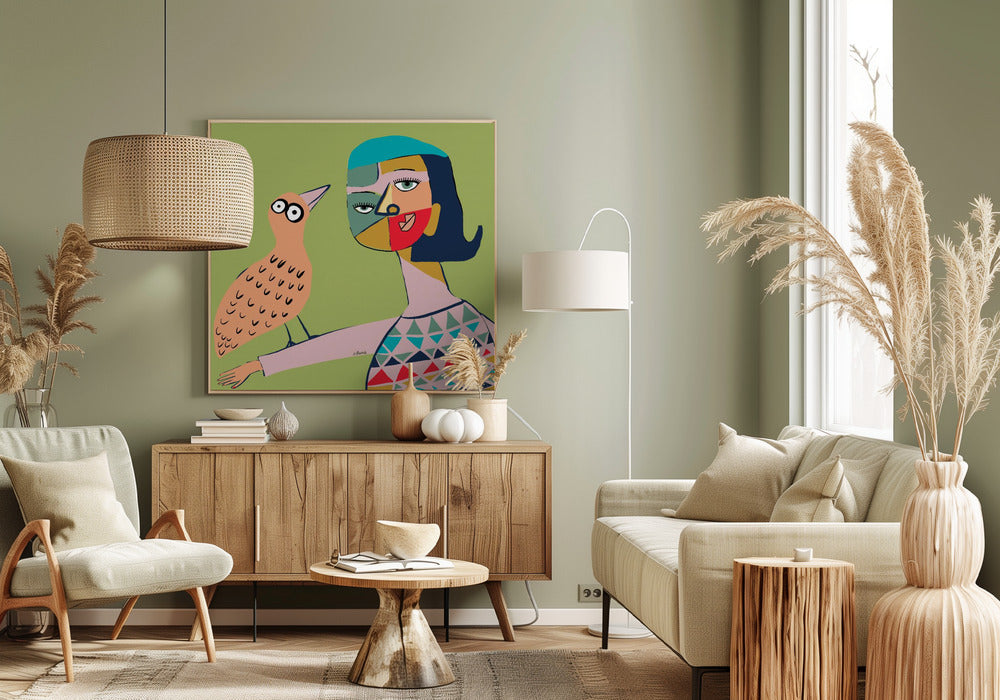 Dame met vogel | Canvas