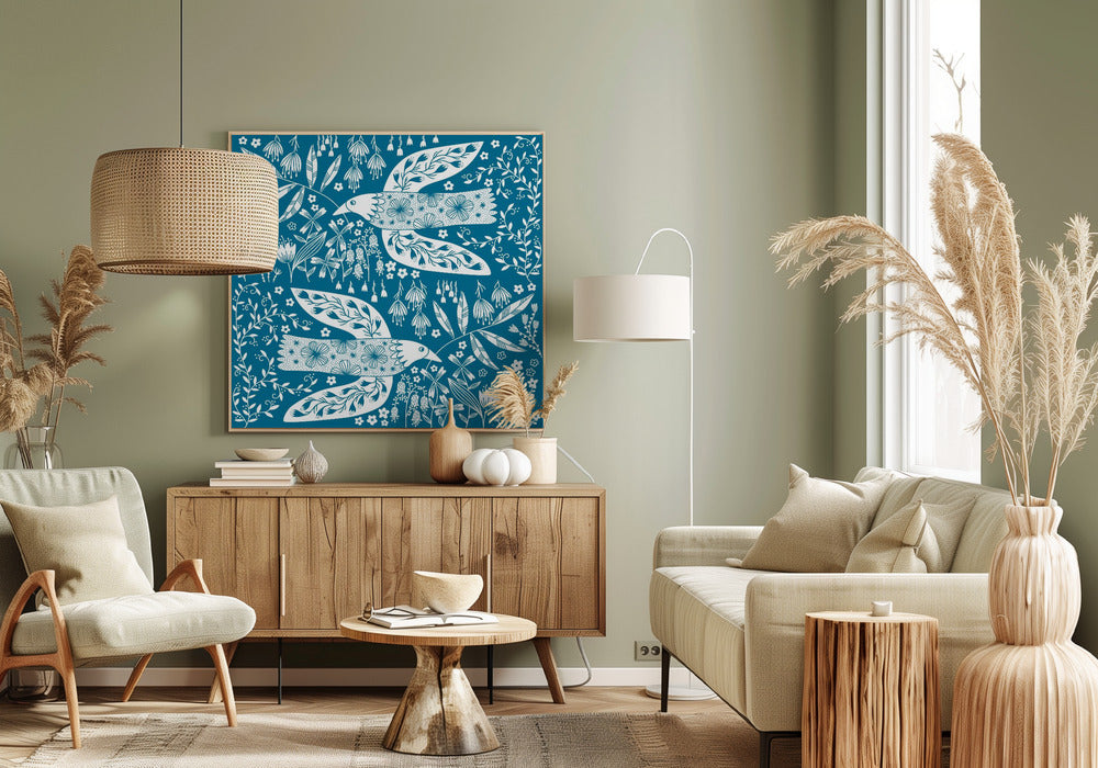 Vredesduiven en bloemen wit op blauwgroen | Canvas