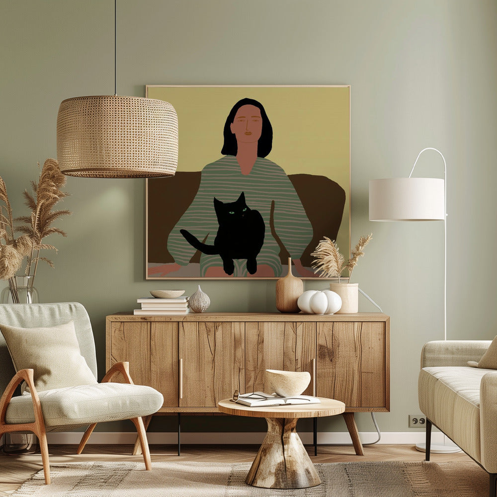 Dame zittend met zwarte kat. | Canvas