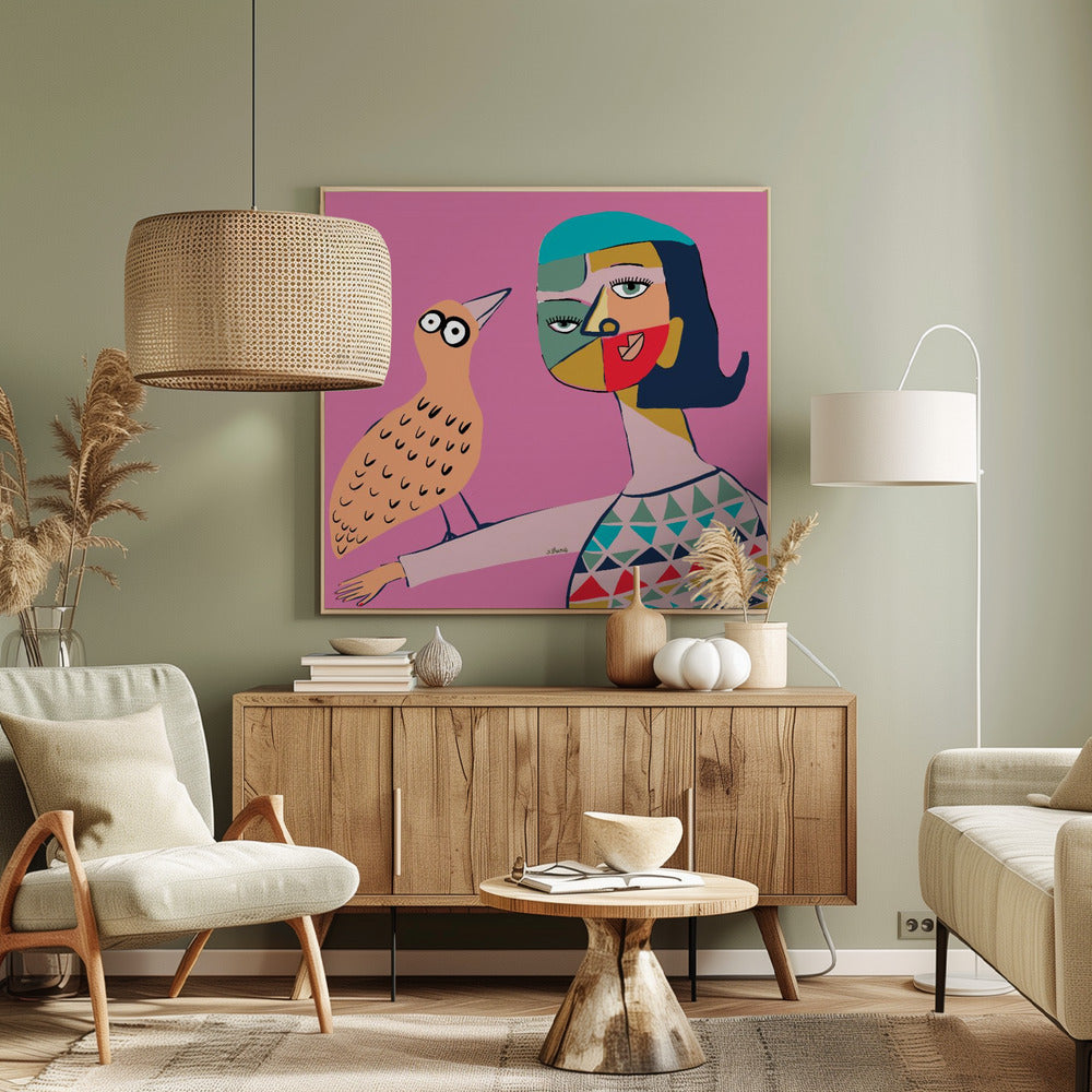 Dame met vogel | Canvas