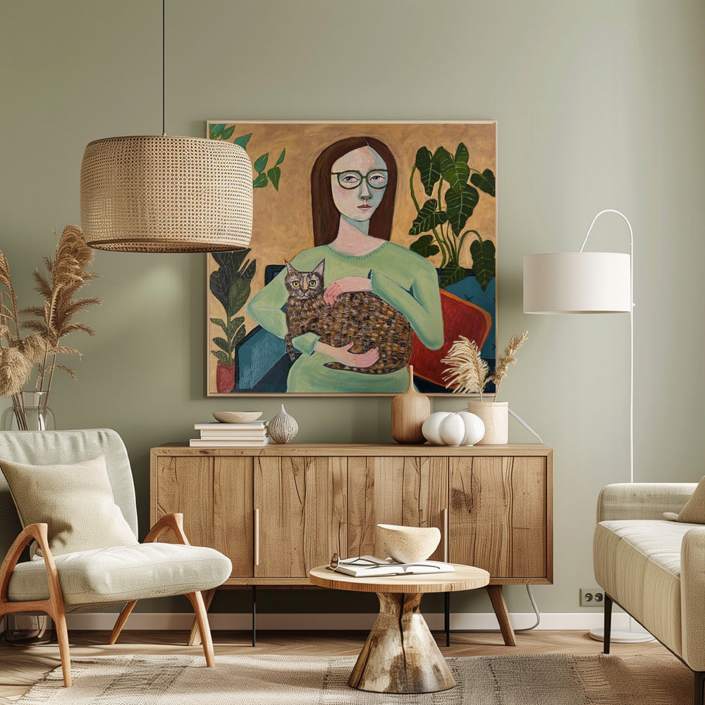 Dame met haar kat in de woonkamer | Canvas