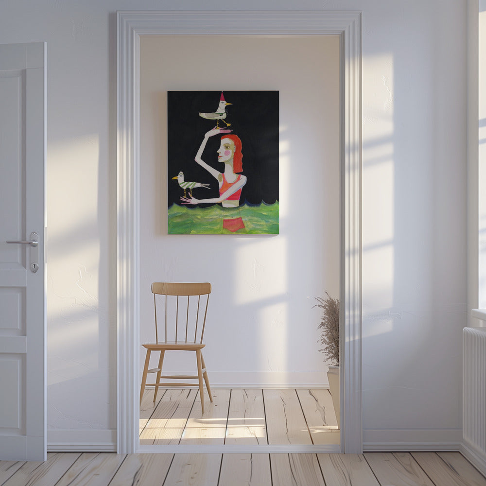 Zwemmende dame met vogels | Canvas