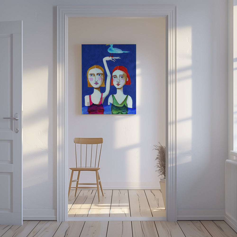Zwemmende dames met blauwe vogel | Canvas