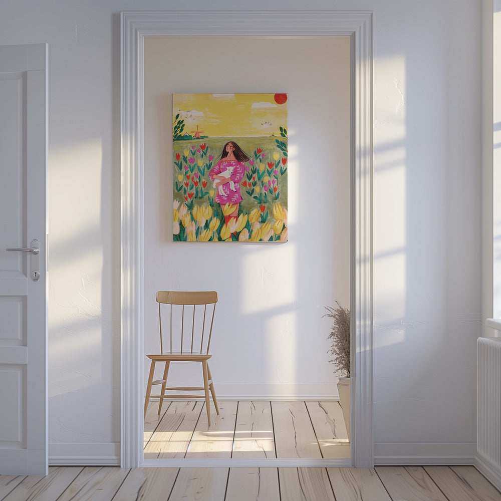 Woman in spring tulip field | Canvas