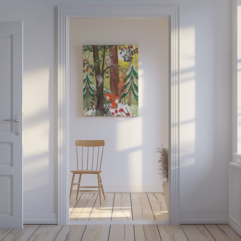 Green Christmas forest with animals | Canvas
