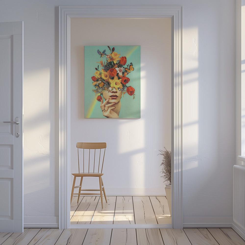 Baby in bloei - Regenboog, bloemen, vogels en vlinders | Canvas