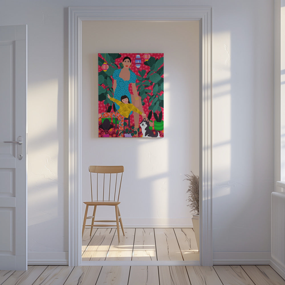 Vrouw en kind in de tuin | Canvas