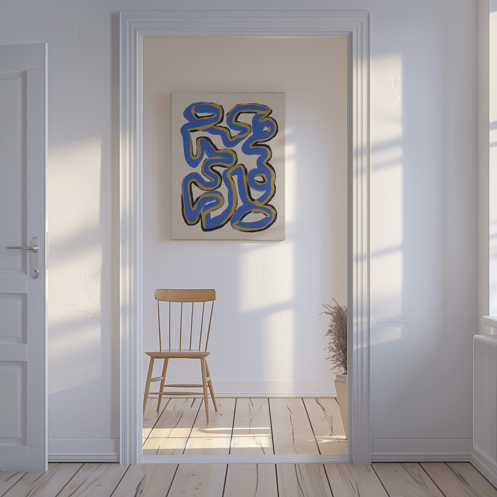 Verweven blauwe en okerkleurige lijnen | Canvas