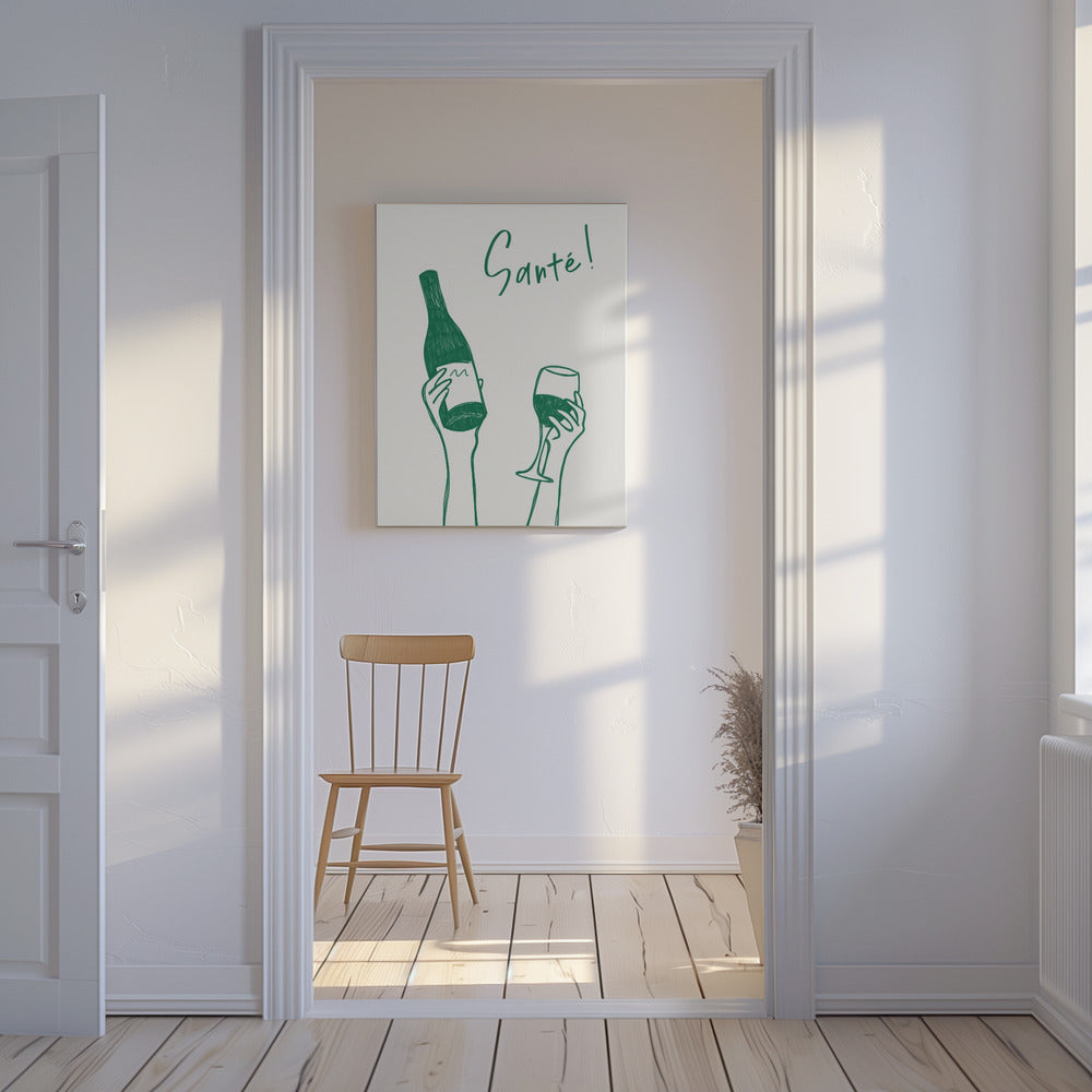 Handen met een fles wijn en een wijnglas met de tekst "Proost!" in het Frans | Canvas