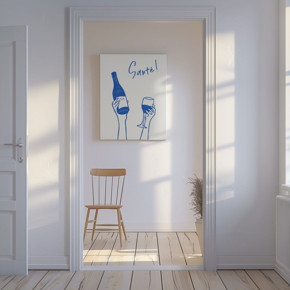 Handen met een fles wijn en een wijnglas met de tekst "Proost!" in het Frans | Canvas
