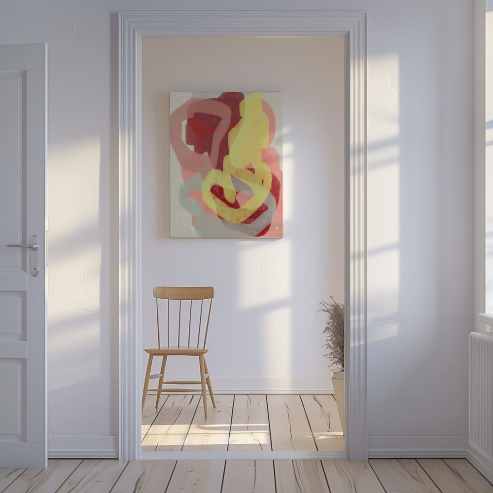 Abstract schilderij in pastel. Geel, rood en grijs. | Canvas