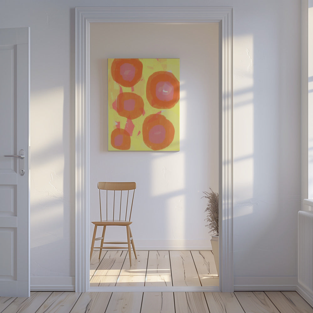 Abstract schilderij. Boho rozen in oranje en roze op geel. | Canvas