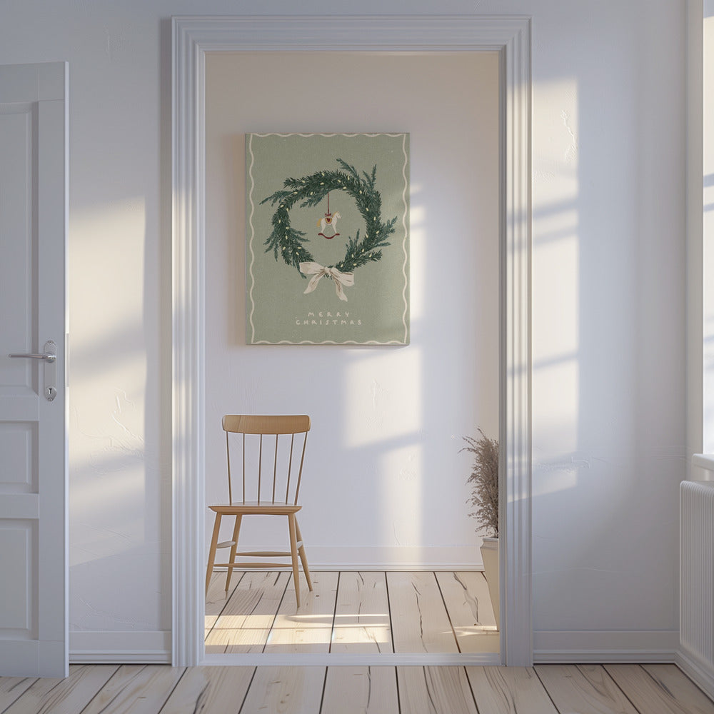 Paarden speelgoed op kerstkrans met strik | Canvas