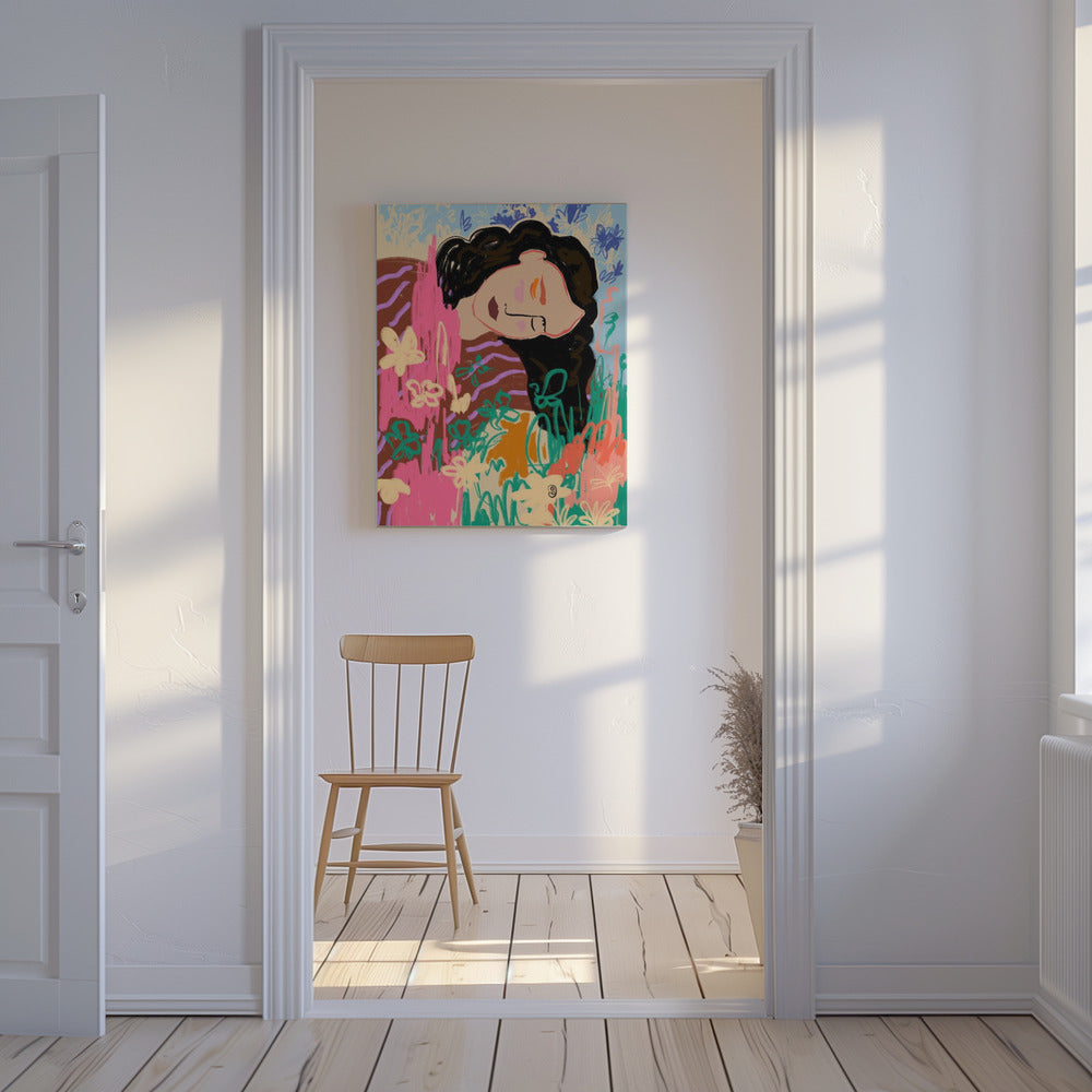 Expressieve figuur omringd door kleurrijke bloemen | Canvas