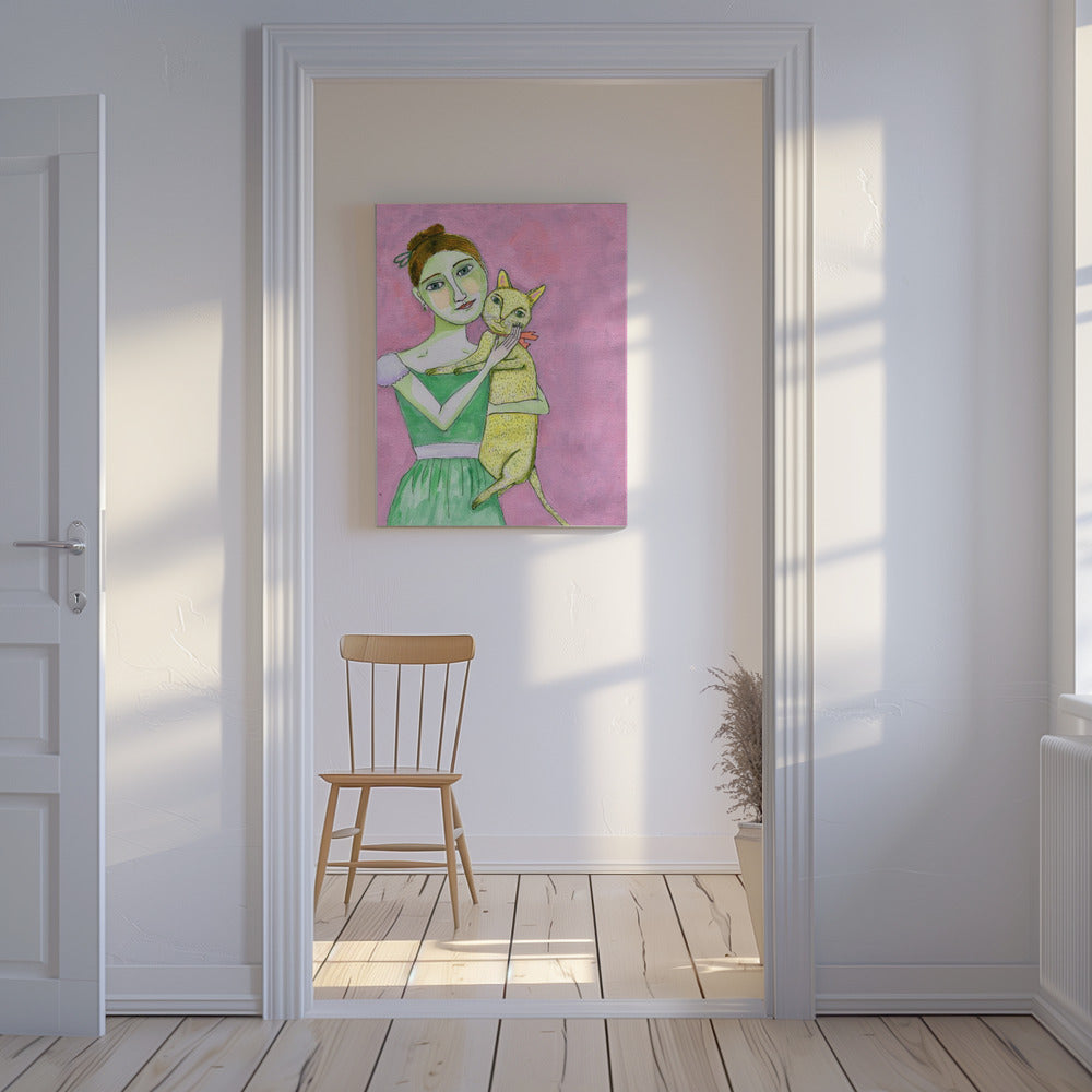 Dame met gele kat | Canvas