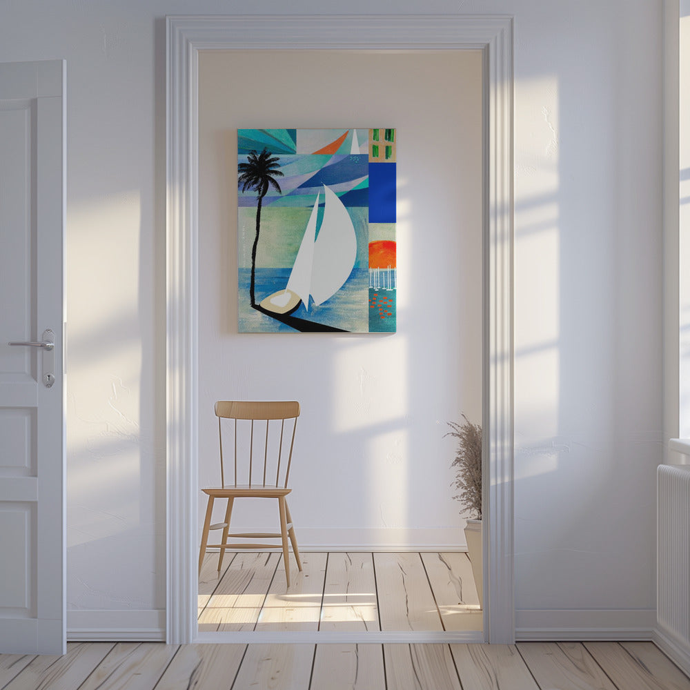 Kleurrijke mediterrane reiskunstprint met zonsopgang en palmboom | Canvas