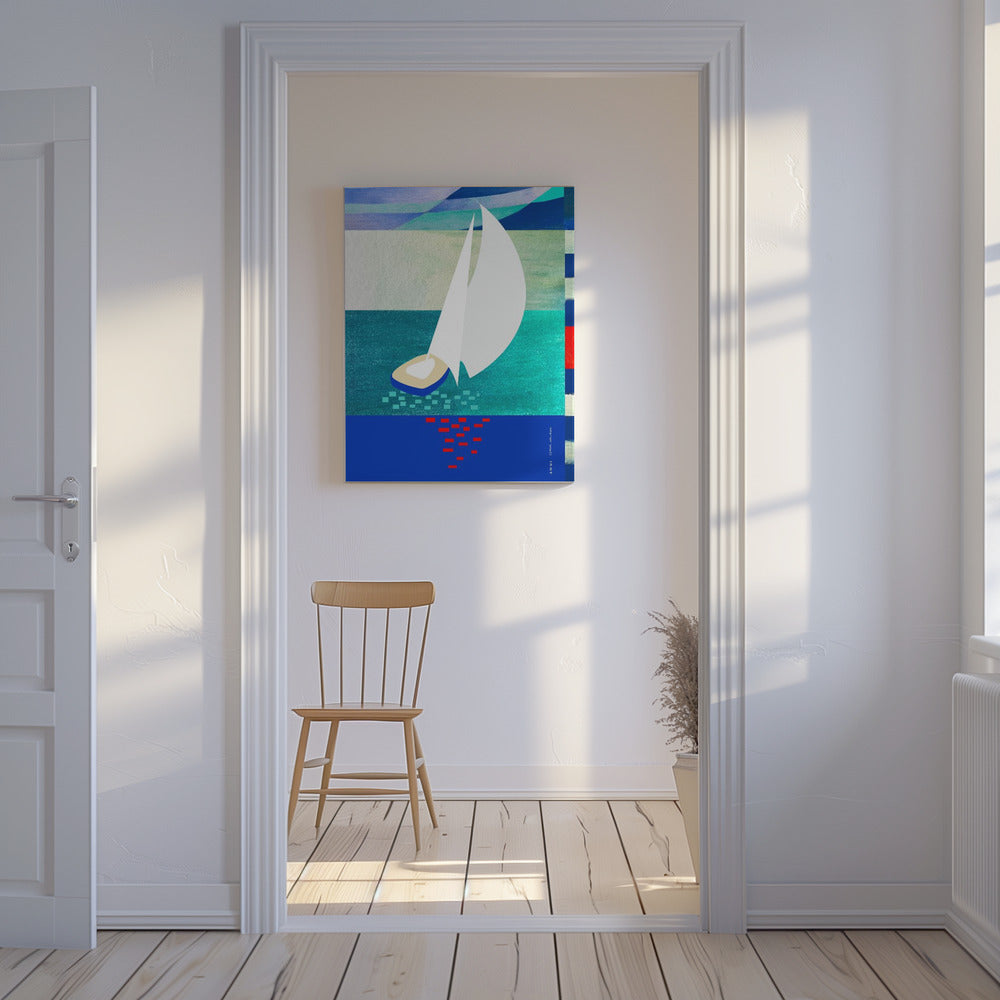 Witte zeilboot met reflecties, abstracte zeekunst met grafische strepen | Canvas