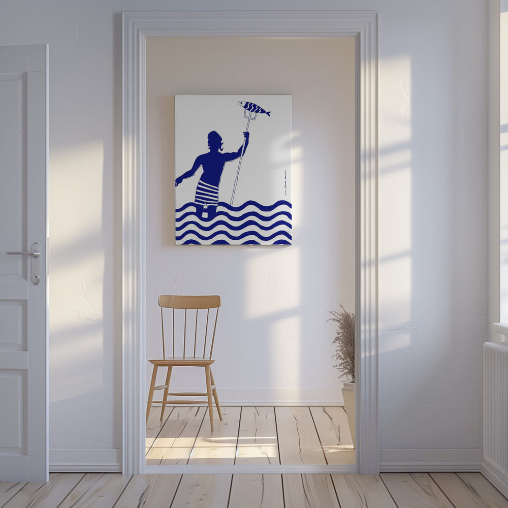 Modern Greek God Poseidon, Nautical Beach Art Print With Man Fishing In The Sea | Canvas