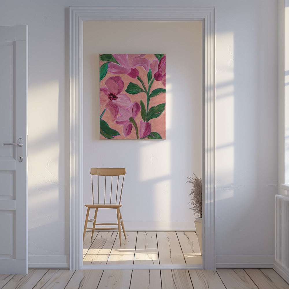 Roze bloemen met opvallende groene bladeren | Canvas