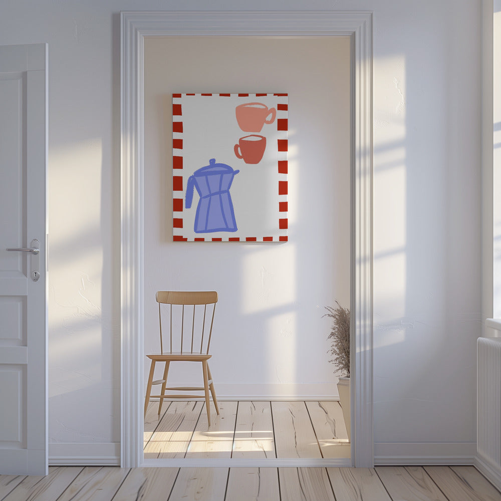 Minimalistische blauwe koffiepot en twee roze kopjes | Canvas