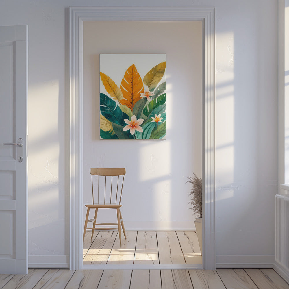 Tropische bladeren en delicate bloemen | Canvas
