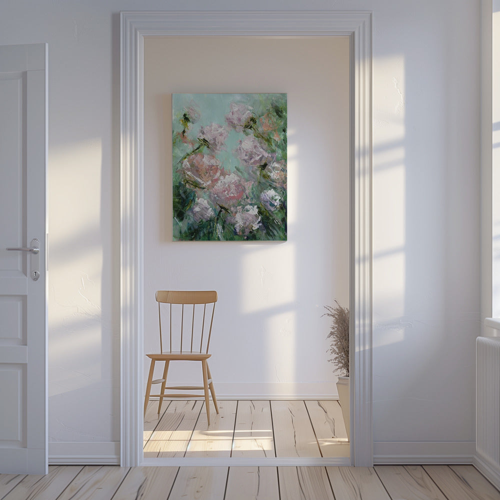 Bloemenpenseelstreken in roze en groen | Canvas