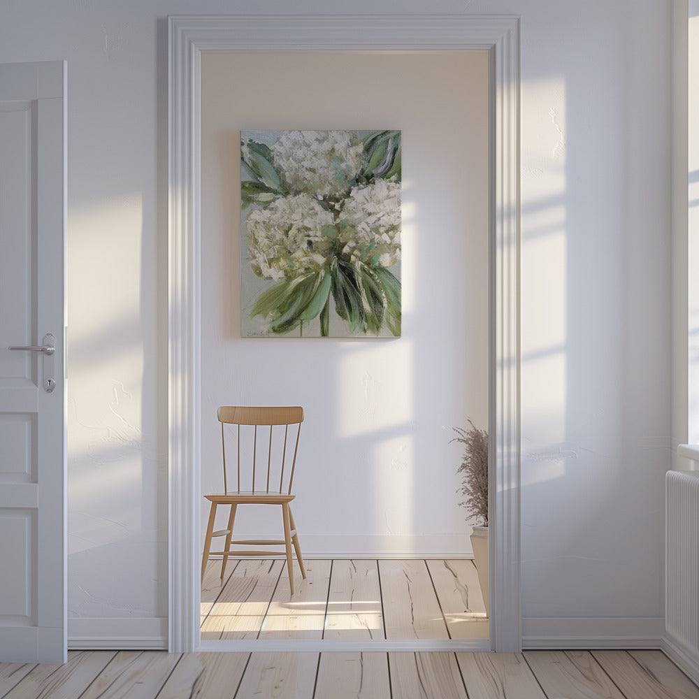 Witte hortensia's met weelderige groene bladeren | Canvas
