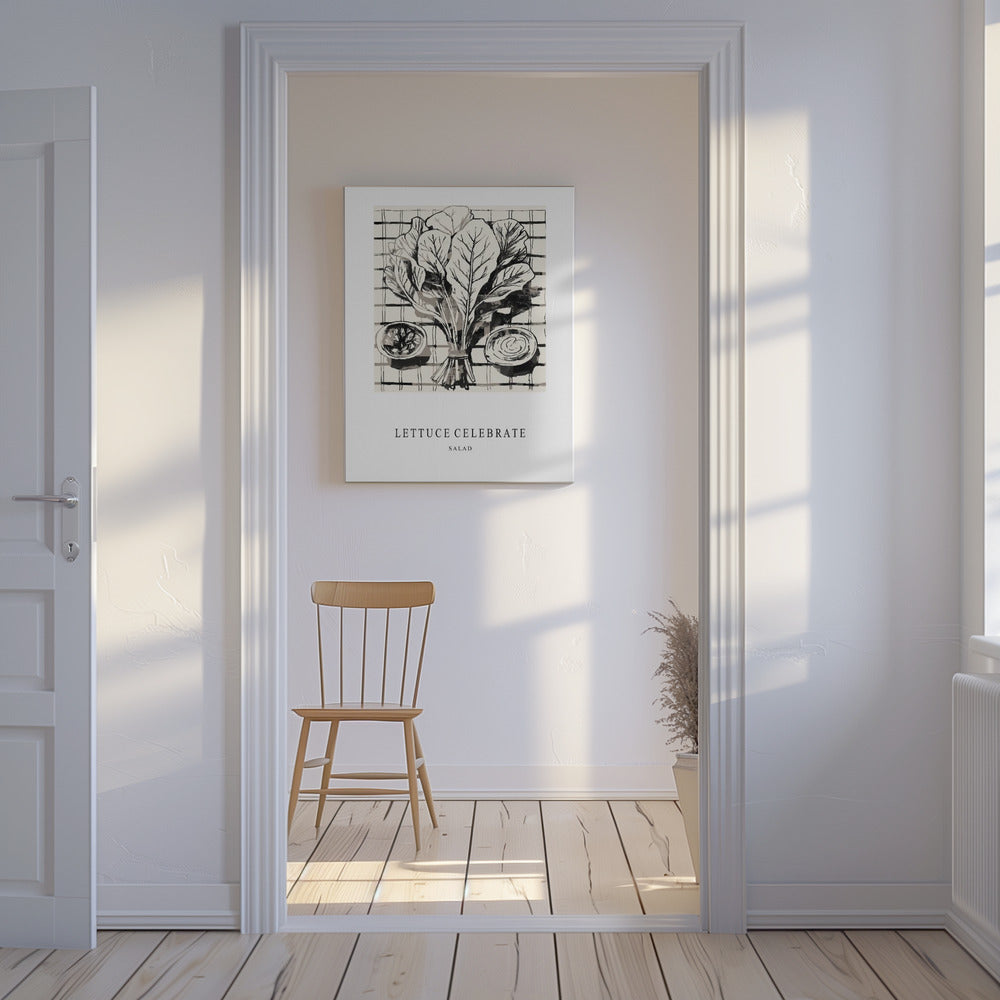 Zwart-witte inktillustratie van salade-ingrediënten | Canvas