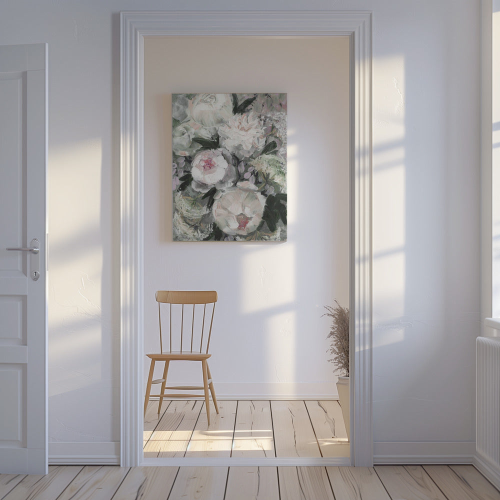 Bloemencompositie met witte en roze bloemen | Canvas