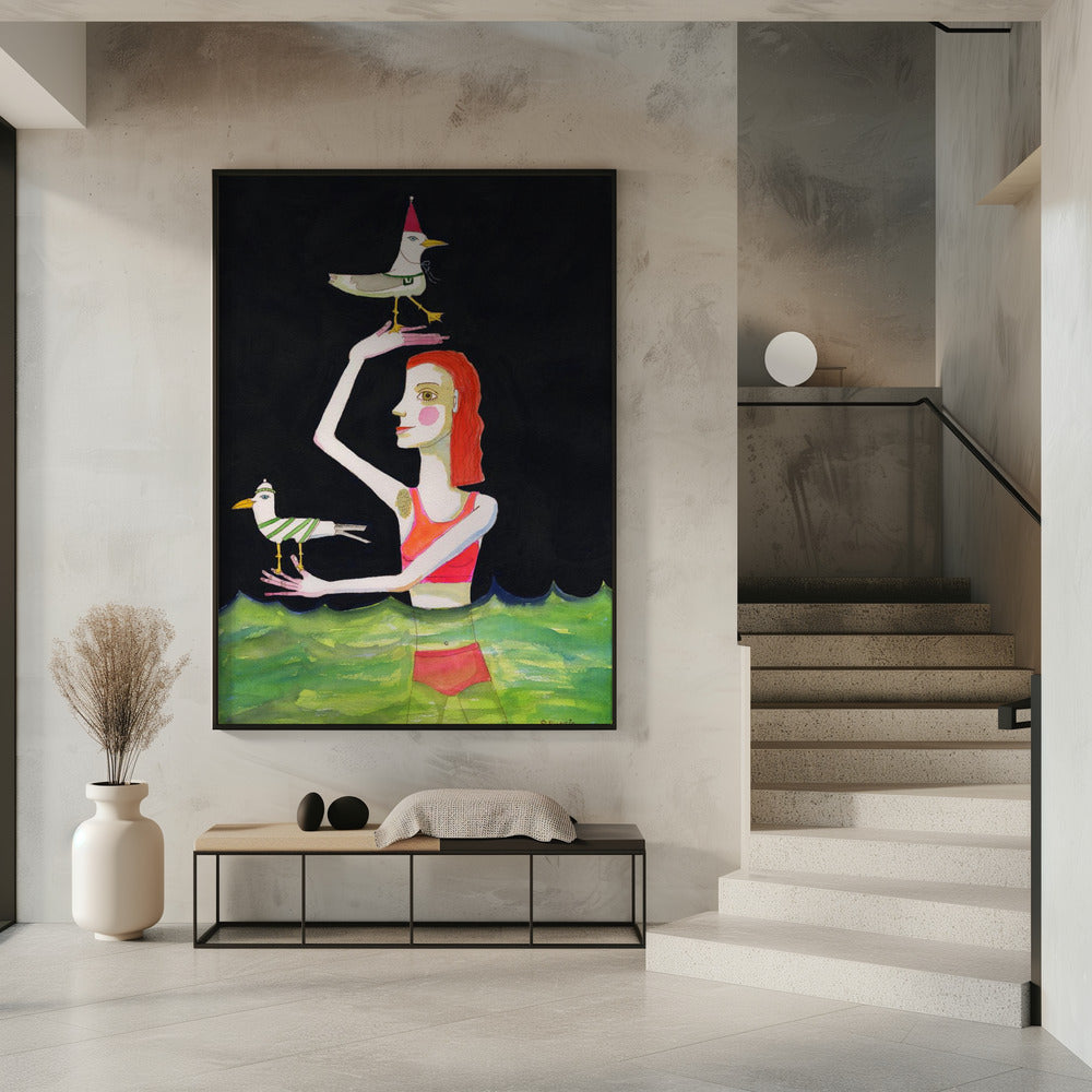 Swimming Lady with birds | Poster