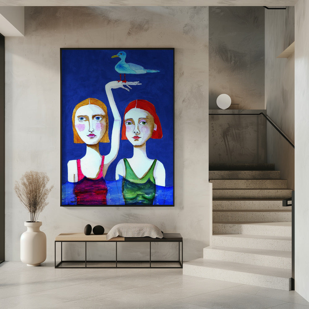 Zwemmende dames met blauwe vogel | Poster