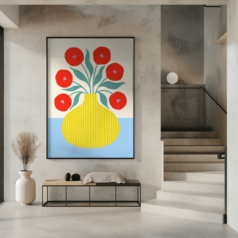 Rode bloemen in gele vaas | Poster