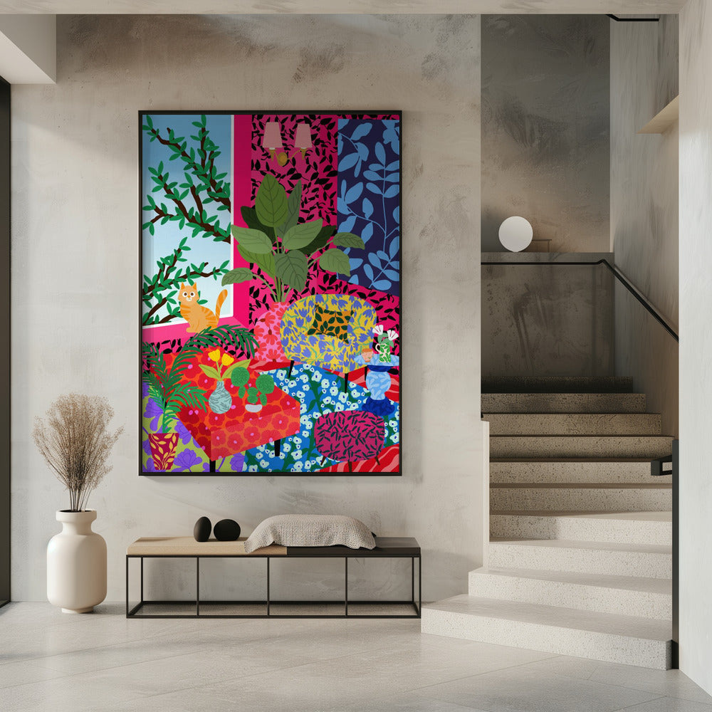 Kat in Flower Power Woonkamer | Poster