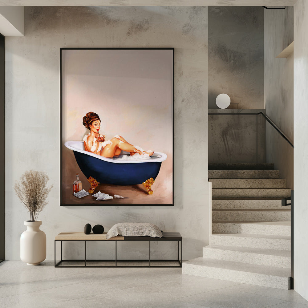 Badkuipdrankjes: Pinupmeisje drinkt in de badkamer | Poster
