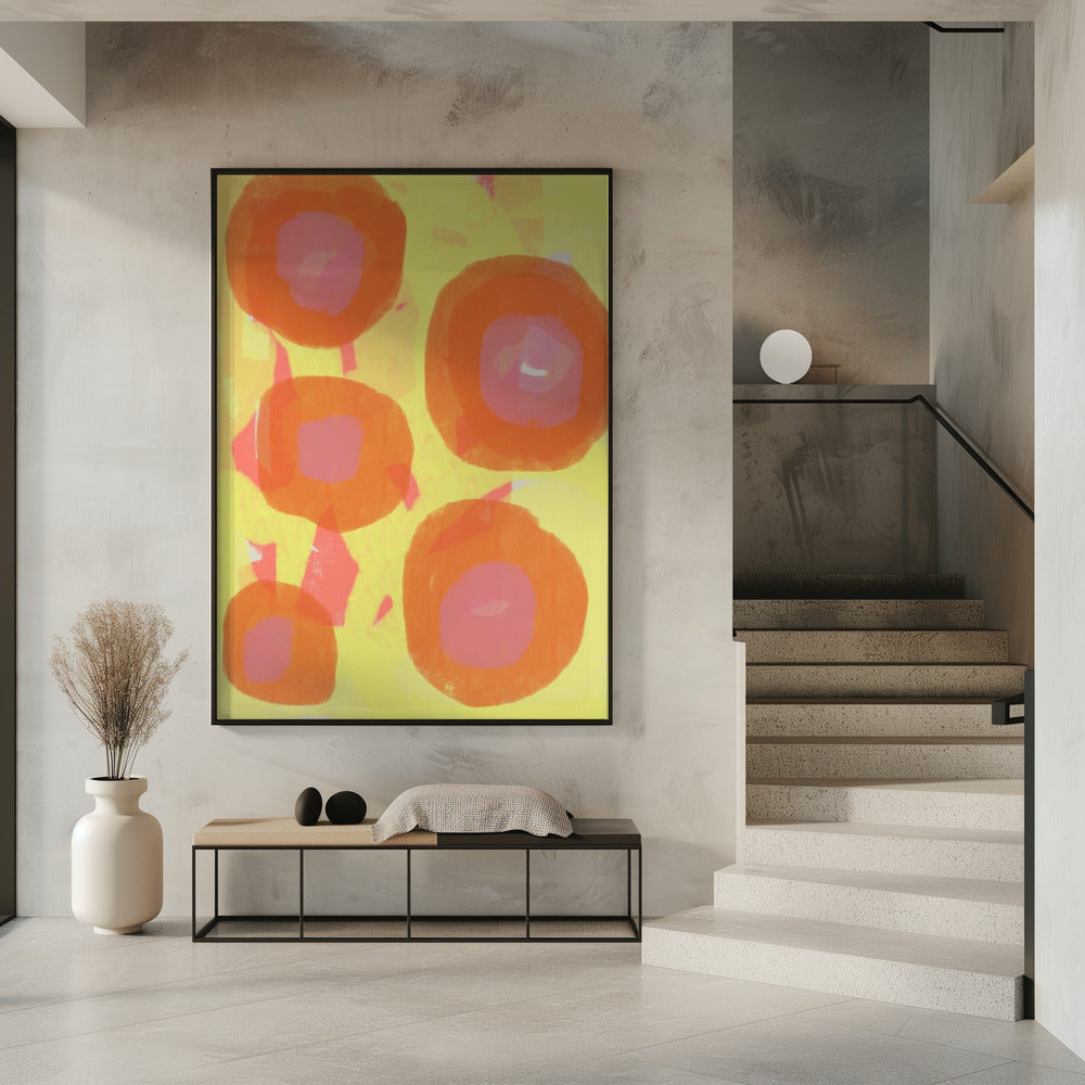 Abstract schilderij. Boho rozen in oranje en roze op geel. | Poster