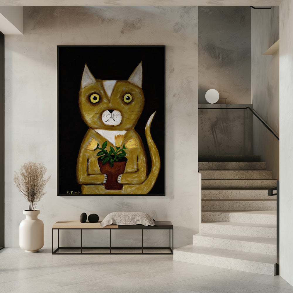 Potplant Kat zwarte achtergrond | Poster