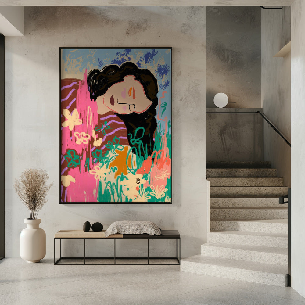 Expressieve figuur omringd door kleurrijke bloemen | Poster