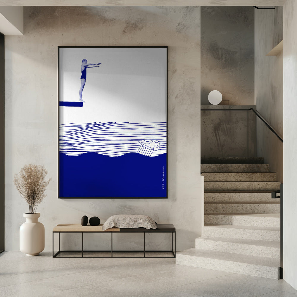 Modern Vintage Beach Wall Art, Nautical Art Print, Woman Swimming In Abstract Sea | Poster