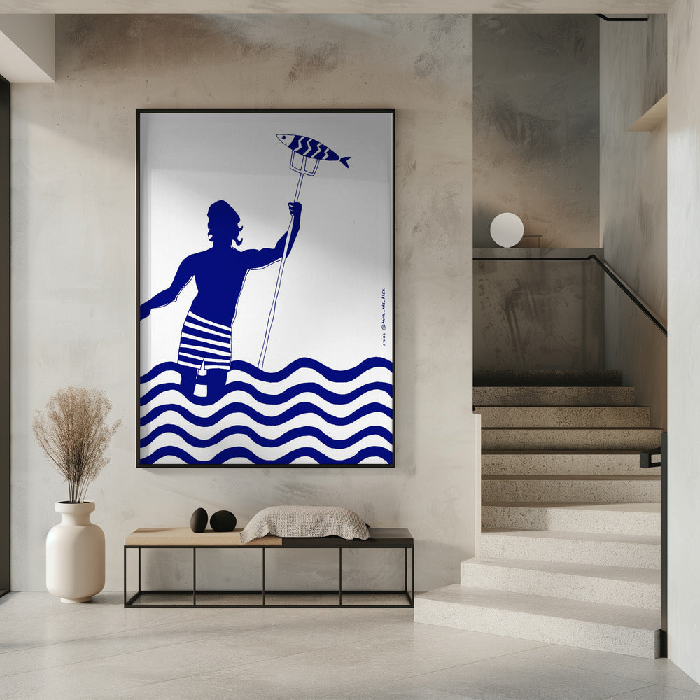 Modern Greek God Poseidon, Nautical Beach Art Print With Man Fishing In The Sea | Poster
