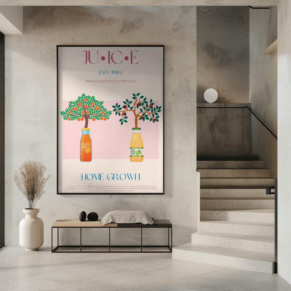 Sinaasappel- en appelbomen met sapflessen | Poster