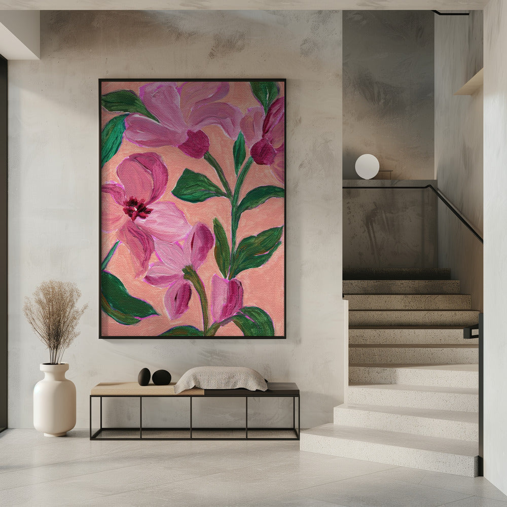Roze bloemen met opvallende groene bladeren | Poster