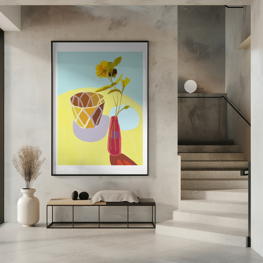 Gele bloemen in een rode pot | Poster