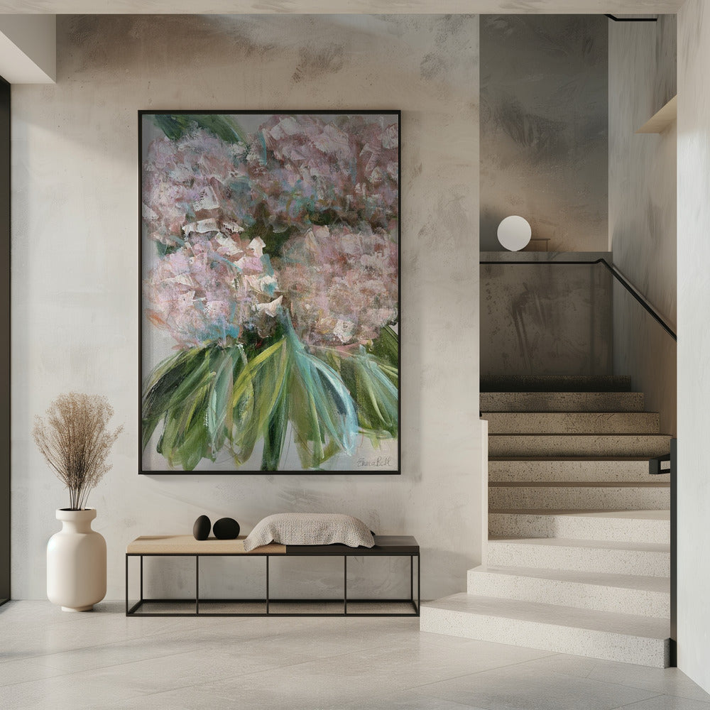 Roze hortensia's met groene bladeren | Poster