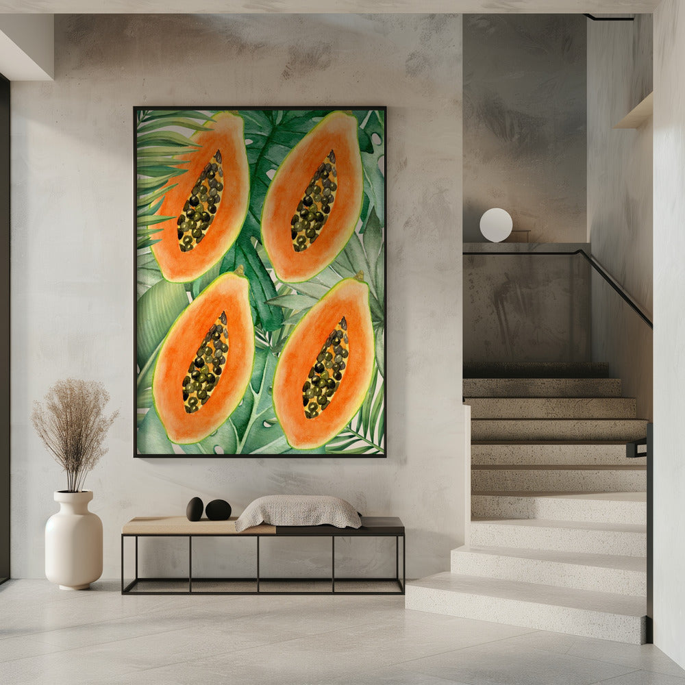 Exotische papaja en weelderige groene bladeren esthetisch patroon - Tropische botanische aquarel | Poster