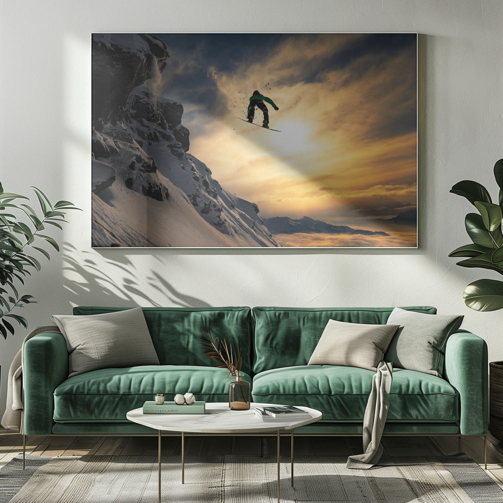 Snowboarden bij zonsondergang | Canvas