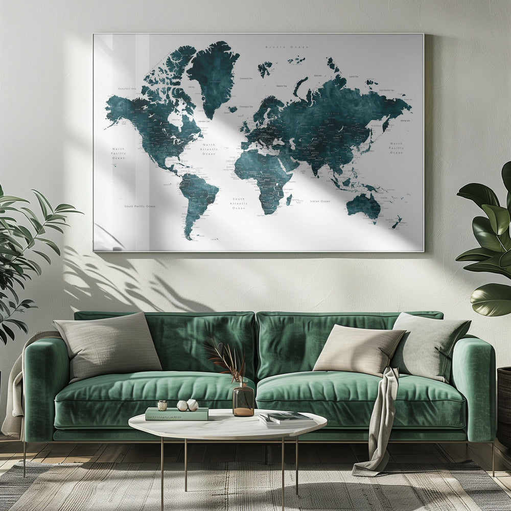 Donkerblauwe wereldkaart met steden, Makani | Canvas